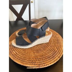 Kanna Black Pebbled Leather Espadrille Wedge Sandals Made in Spain Size 39